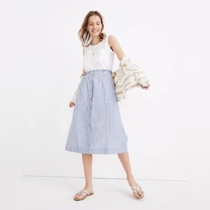 Madewell Paperbag Button-Front Midi Skirt in Blue and White Stripe Small